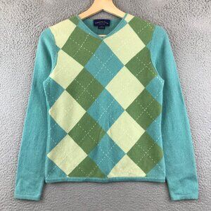 Charter Club Womens Petite Argyle Cashmere Sweater Green & Aqua P/P